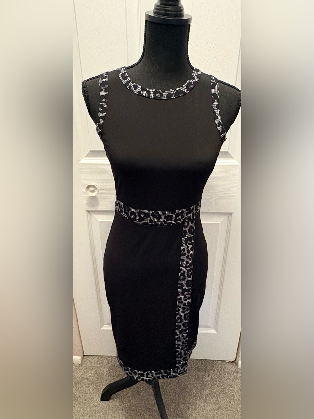 Michael Kors Black Sleeveless Midi Dress with Gray Animal-Print Trim